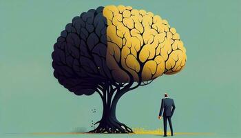 Businessman near a human brain tree. Generate Ai. photo