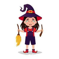 Cute little girl in a witch costume, crying with a broken broom vector