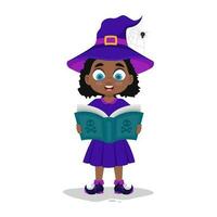 Cute child in witch costume reading a book vector