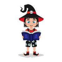 Cute child in witch costume reading a book vector