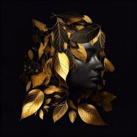 Woman sticking out of black and gold leaves. Generate Ai photo