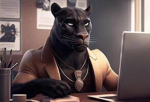 Portrait of an anthropomorphic black panther as a developer in the office. Generate Ai. photo