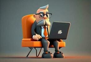 Cartoon character businessman sitting in a chair with laptop. 3d illustration. Generate Ai. photo