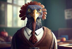 Portrait of an anthropomorphic turkey dressed as a schoolboy in a classroom. Generate Ai. photo