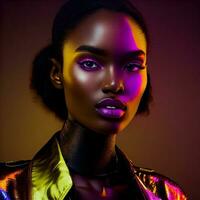 Fashion portrait beautiful black woman, look at camera, in neon studio lighting. Generate Ai. photo