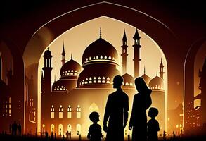 Ramadan Kareem greeting. Family looking at mosque. Generate Ai. photo