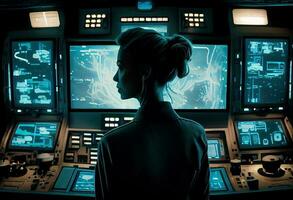 Captain stood on the bridge of the spaceship. Generate Ai. photo