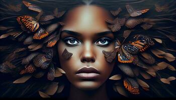 Woman's face sticking out in the middle of a full group of butterflies. Generate Ai. photo