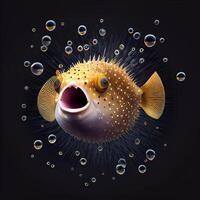 Illustration of surrealistic pufferfish with opened mouth on black background. Generate Ai photo