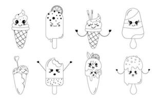 A set of hand-drawn outline kawaii different  ice cream. Hand drawn doodle design vector