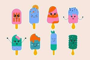 A set of hand-drawn kawaii ice cream on a stick. Hand drawn flat design vector