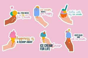 Set of stickers ice cream in the hands of lettuce style hand drawn vector