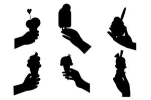 Hand drawn silhouette different ice creams in hands flat design. vector