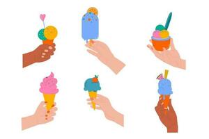 Hand drawn different ice creams in hands flat design. vector