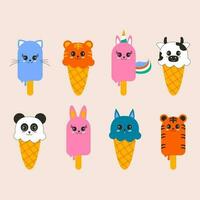 Set of hand-drawn different ice cream kawaii animal shaped flat design vector