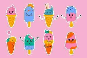 A set of hand-drawn stickers kawaii different  ice cream. Hand drawn flat design vector