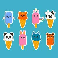 Set of hand-drawn stickers different ice cream kawaii animal shaped flat design vector