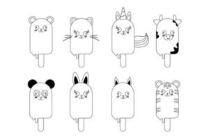 Set of hand drawn outline  ice cream kawaii in the form of animals vector