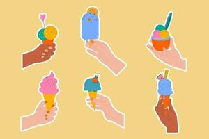 Hand drawn different stickers ice creams in hands flat design. vector