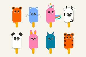 Set of hand drawn ice cream kawaii in the form of animals on a stick flat design vector