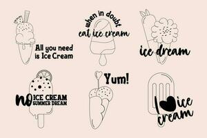 Ice cream outline set of doodle badge label design with lettering vector