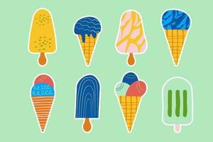 A set of different stickers hand-drawn ice creams. Flat design vector