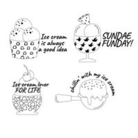 Ice cream lettering outline set of different types doodle badge label design vector