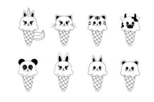 Set of hand-drawn outline ice cream kawaii animal shaped  doodle design vector