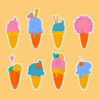 A set stickers of hand-drawn ice cream. Hand drawn flat design vector