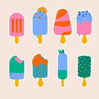 A set stickers of hand-drawn ice cream on a stick. Hand drawn flat design vector