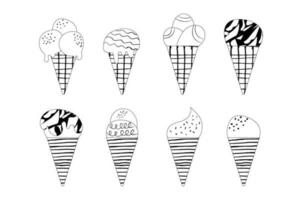 Set of hand-drawn outline  ice cream cones. Hand drawn doodle  design vector