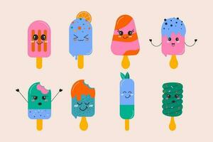 A set of hand-drawn kawaii ice cream on a stick. Hand drawn flat design vector