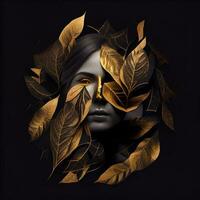 Woman sticking out of black and gold leaves. Generate Ai photo