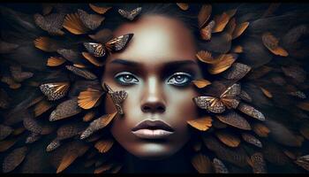 Woman's face sticking out in the middle of a full group of butterflies. Generate Ai. photo