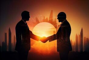 Double exposure of business handshake for successful of investment deal Generate Ai. photo