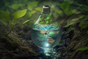 Ecology and world water day , Light bulb idia with environmental protection and save earth water. Generate Ai photo