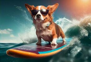 Funny dog in sunglasses rides a surfboard on the ocean waves. Summer vacation concept. Generate Ai. photo