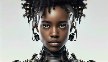 Robot black woman look in camera on white background. Generate Ai. photo