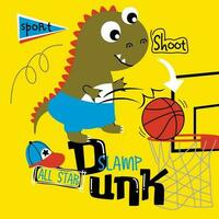 dinosaurio jugando baloncesto gracioso animal dibujos animados vector