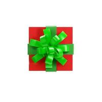 3D render gift box top view. Red box and green ribbon. Christmas, holiday, anniversary celebration package, wedding present. Vector illustration for Xmas decoration, New Year event in realistic style