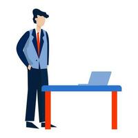 Businessman with laptop in the office. Vector illustration in flat style
