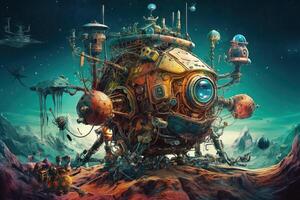 Robotic futuristic spaceship spacecraft exploring alien planet llustration photo