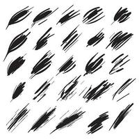 Set of brush strokes with paint, elongated, square, rectangular, real handmade strokes with various shapes, circular, vector stroke set in black color isolated in white background.