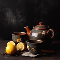 Tea ceremony teapot and ceramic mugs with drink photo
