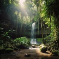 Waterfall in jungle tropical forest photo