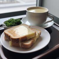 Cream soup and cheese sandwich photo