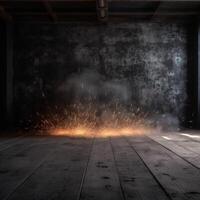 Concrete floor and smoke with sparks in dark photo