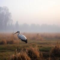 lonely stork bird on froggy morning photo