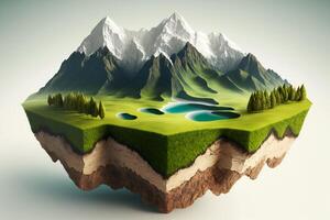 3D land with mountain isolated , Piece of earth land green field. Generate Ai photo