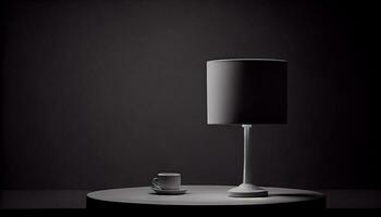 Beautiful minimalistic presentation background with a table and a white lamp against a black textured wall. Generate Ai. photo
